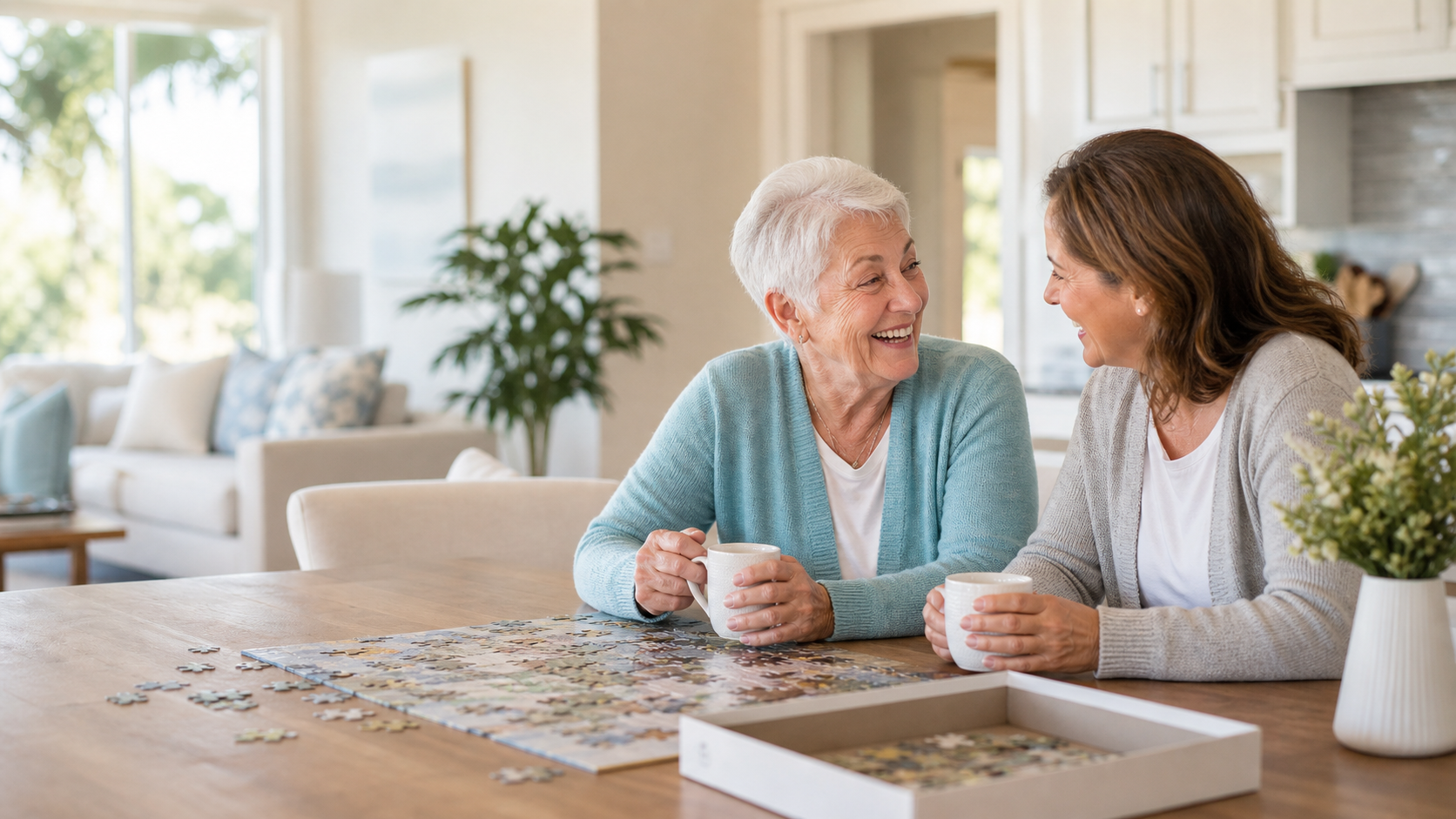 Older adult and companion smiling together at home